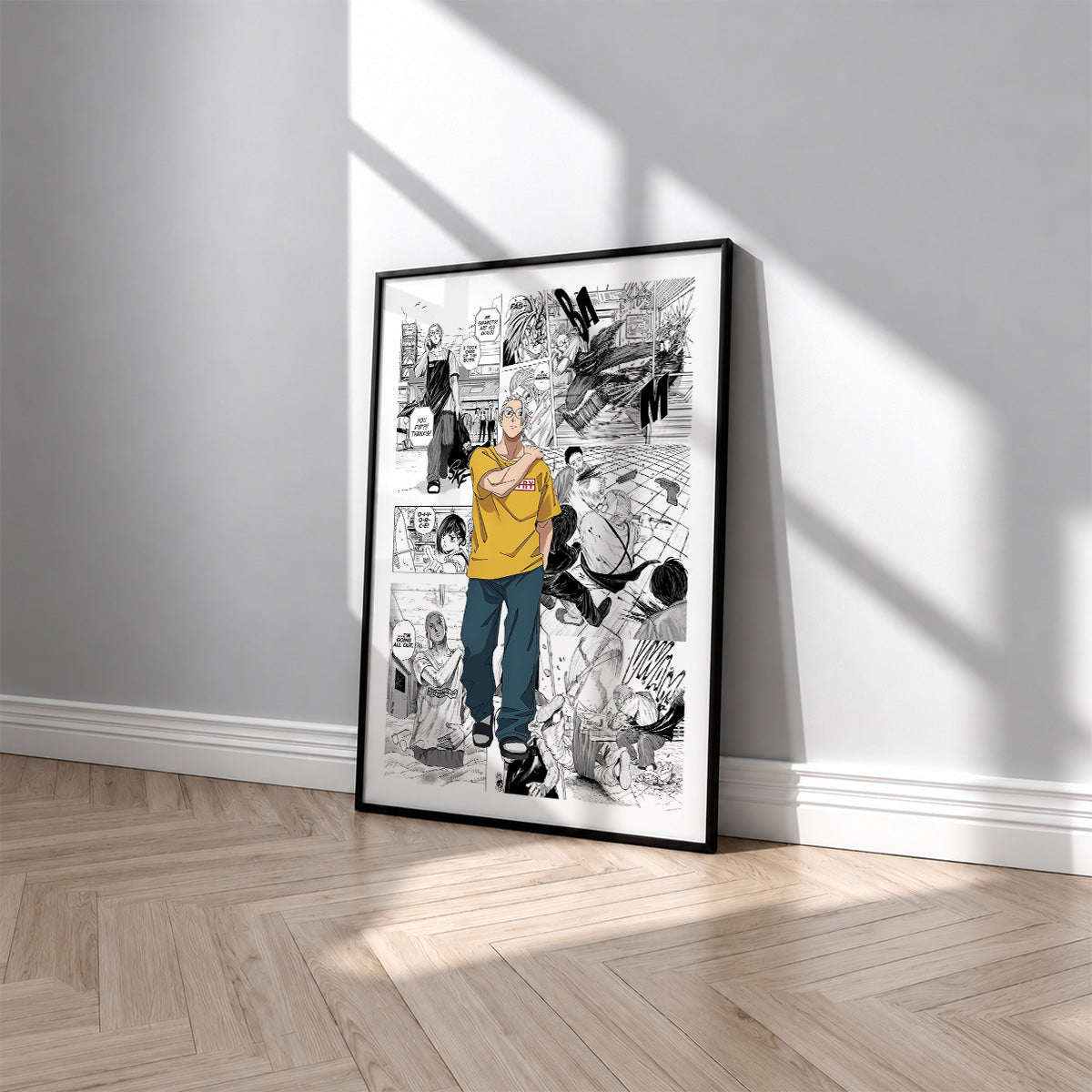 Taro Sakamoto manga poster inspired by Sakamoto Days in a black frame against a light gray wall