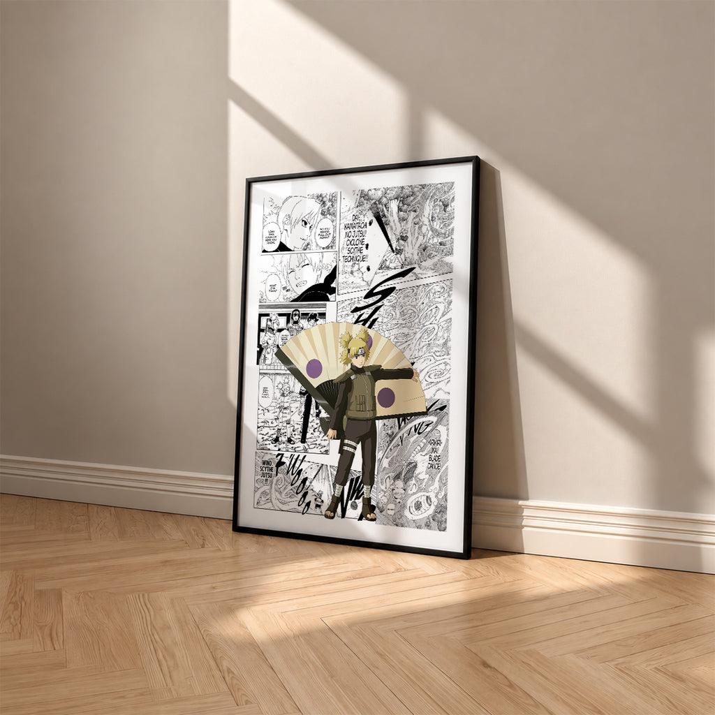 Temari manga poster inspired by Naruto in a black frame against a warm beige wall