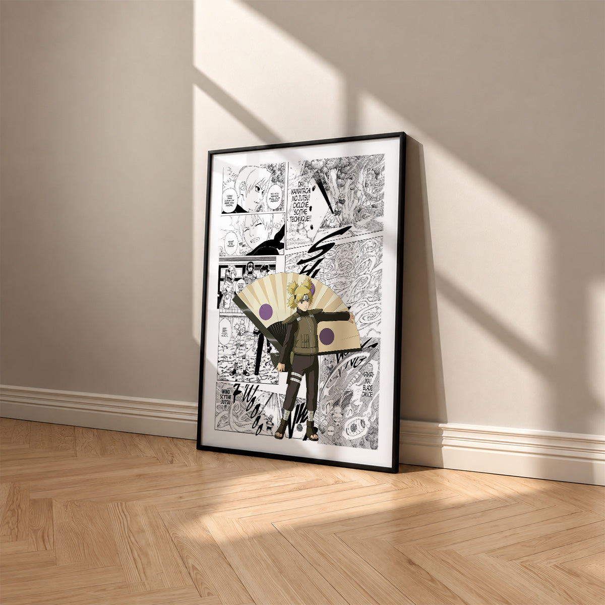 Temari manga poster inspired by Naruto in a black frame against a warm beige wall