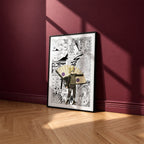 Temari manga poster inspired by Naruto in a black frame against a burgundy wall