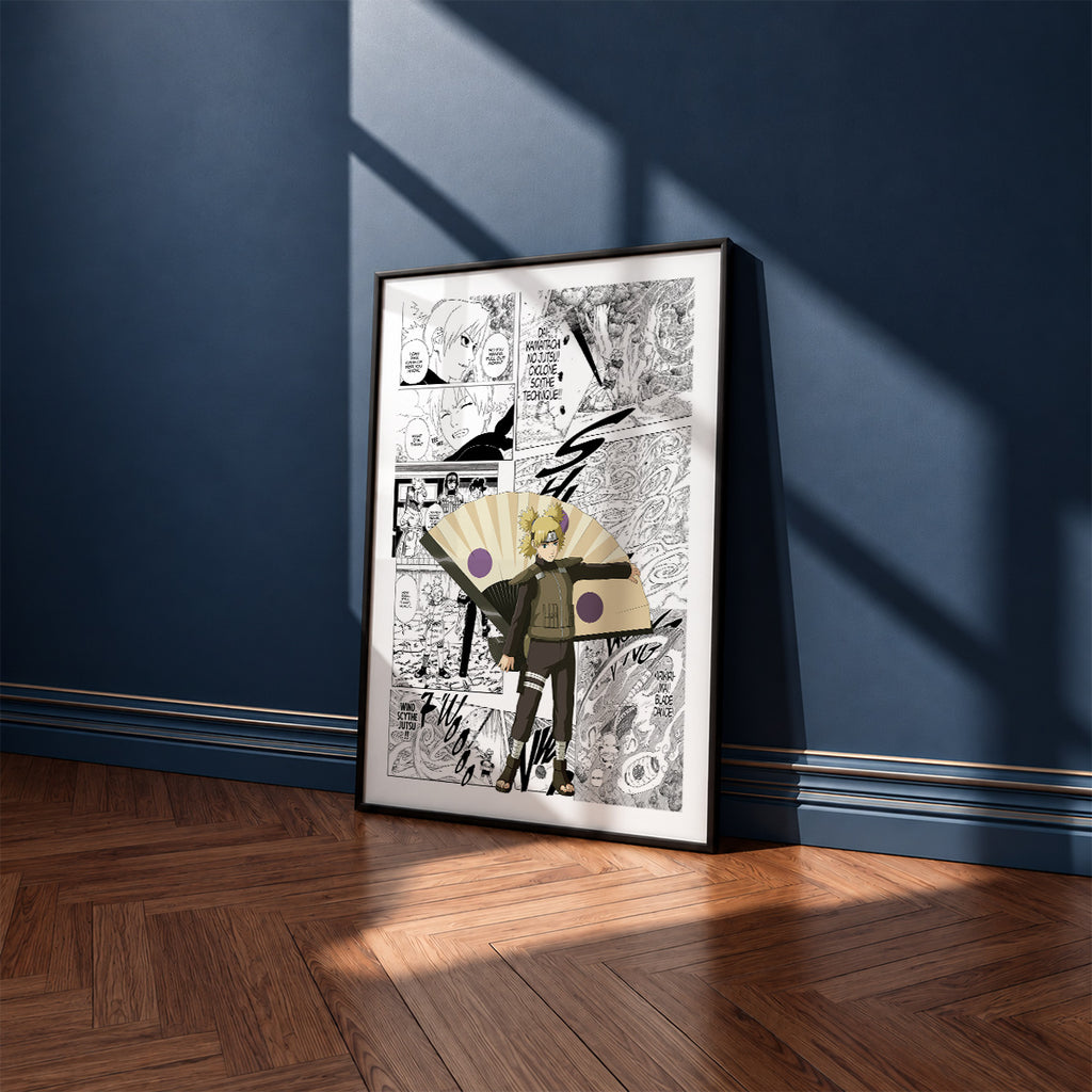 Temari manga poster inspired by Naruto in a black frame against a navy blue wall