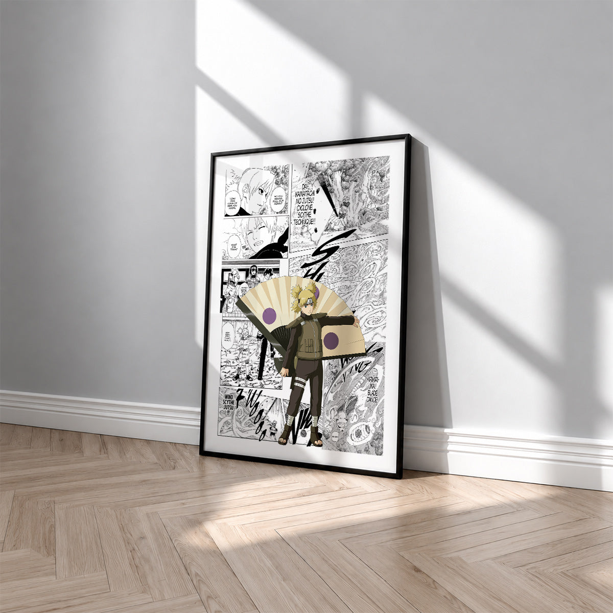 Temari manga poster inspired by Naruto in a black frame against a light gray wall