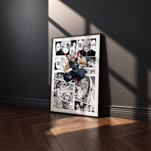 Tengen Uzui manga poster inspired by Demon Slayer in a black frame against a charcoal gray wall