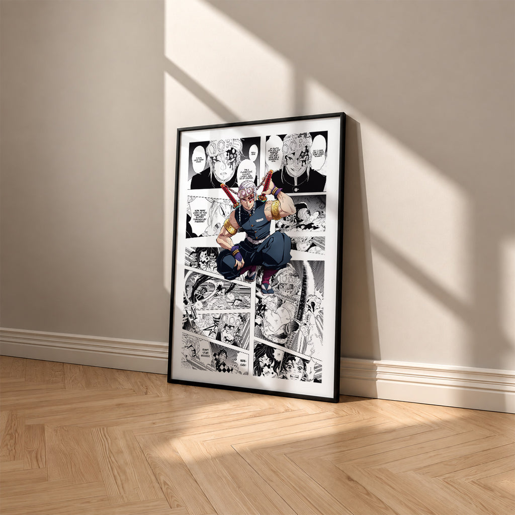 Tengen Uzui manga poster inspired by Demon Slayer in a black frame against a warm beige wall