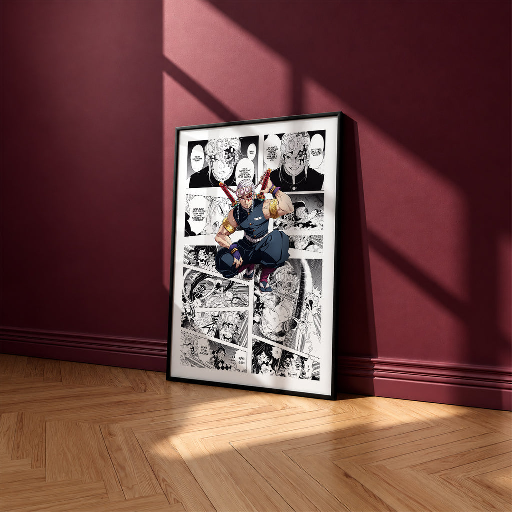 Tengen Uzui manga poster inspired by Demon Slayer in a black frame against a burgundy wall