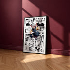 Tengen Uzui manga poster inspired by Demon Slayer in a black frame against a burgundy wall
