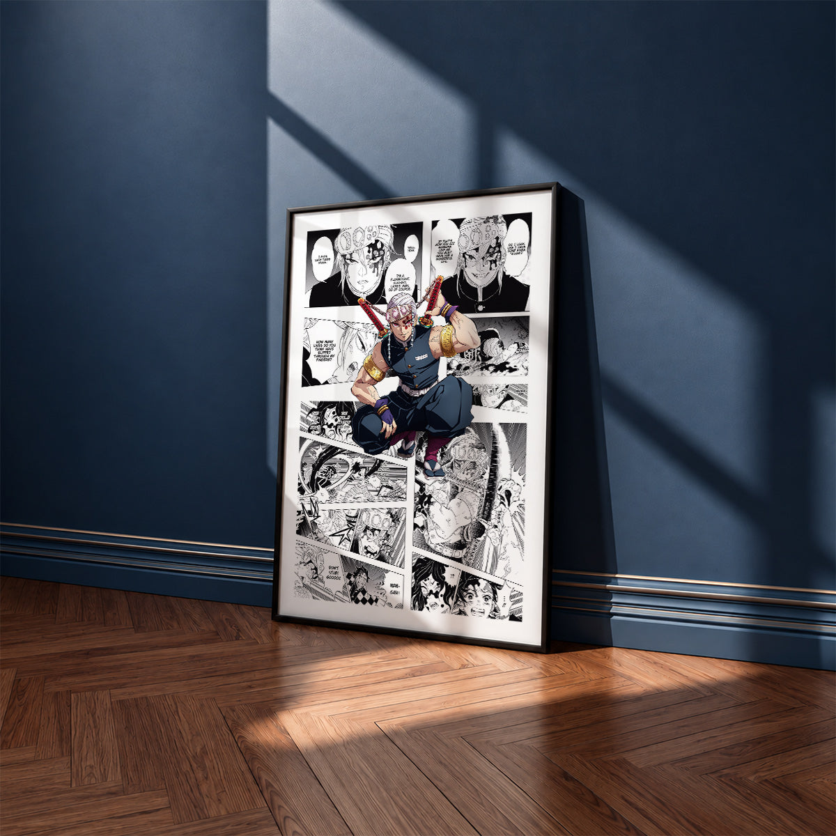 Tengen Uzui manga poster inspired by Demon Slayer in a black frame against a navy blue wall