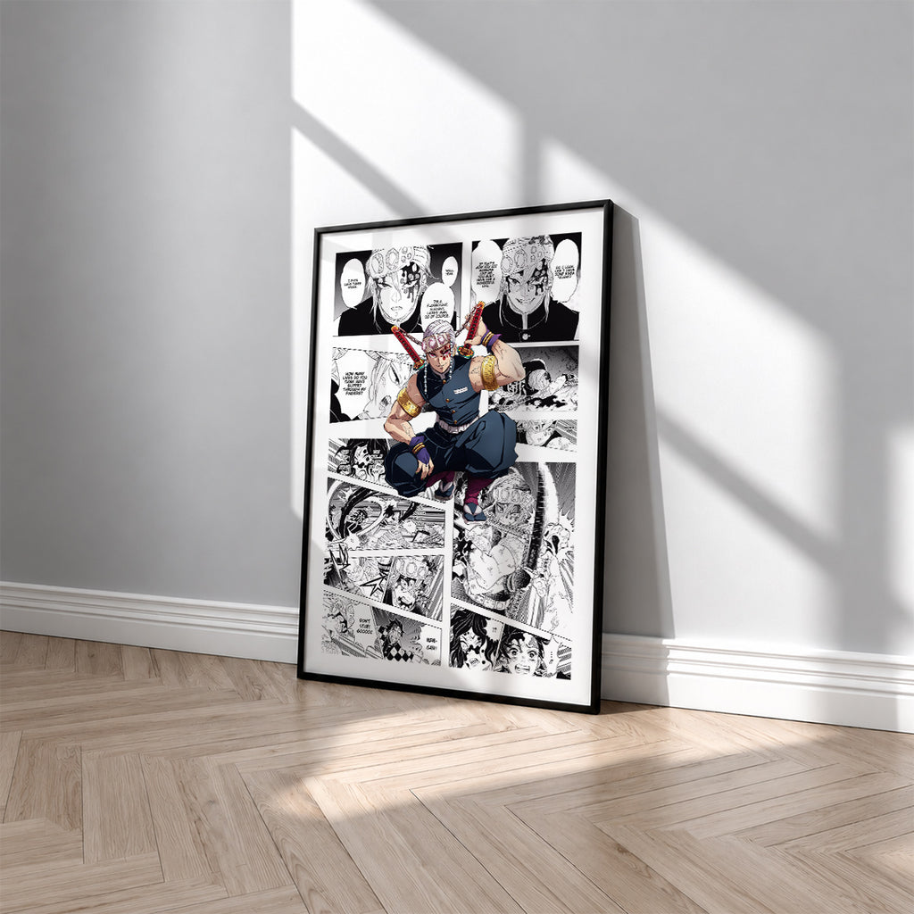 Tengen Uzui manga poster inspired by Demon Slayer in a black frame against a light gray wall