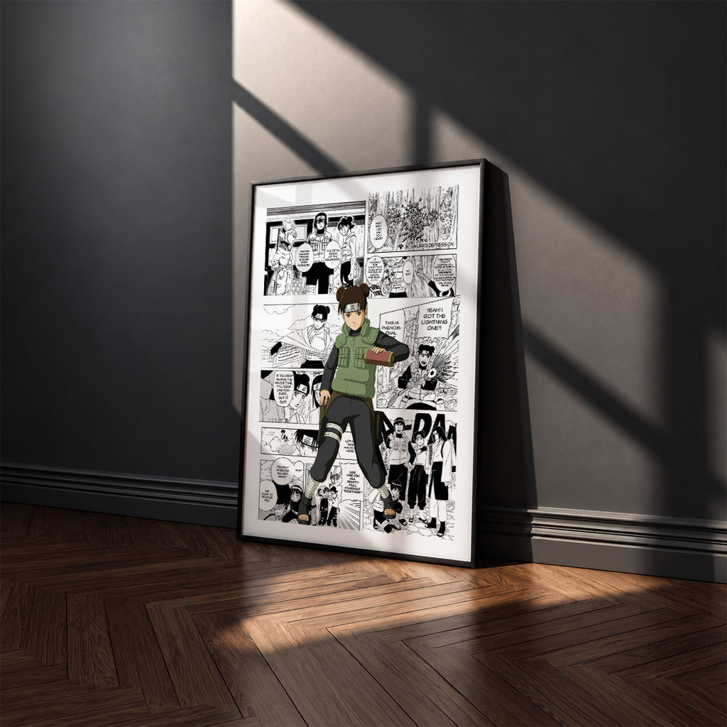 Tenten manga poster inspired by Naruto in a black frame against a charcoal gray wall