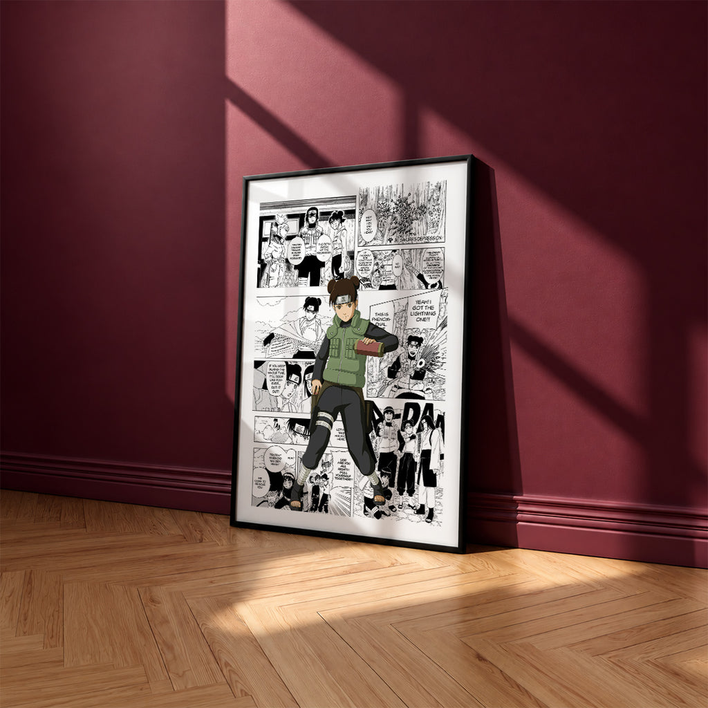 Tenten manga poster inspired by Naruto in a black frame against a burgundy wall