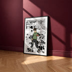 Tenten manga poster inspired by Naruto in a black frame against a burgundy wall