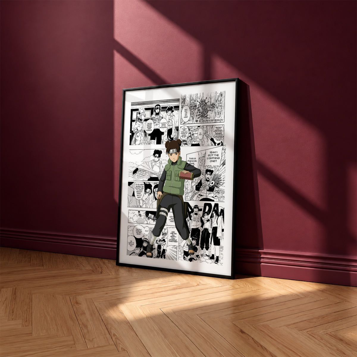 Tenten manga poster inspired by Naruto in a black frame against a burgundy wall