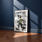 Tenten manga poster inspired by Naruto in a black frame against a navy blue wall