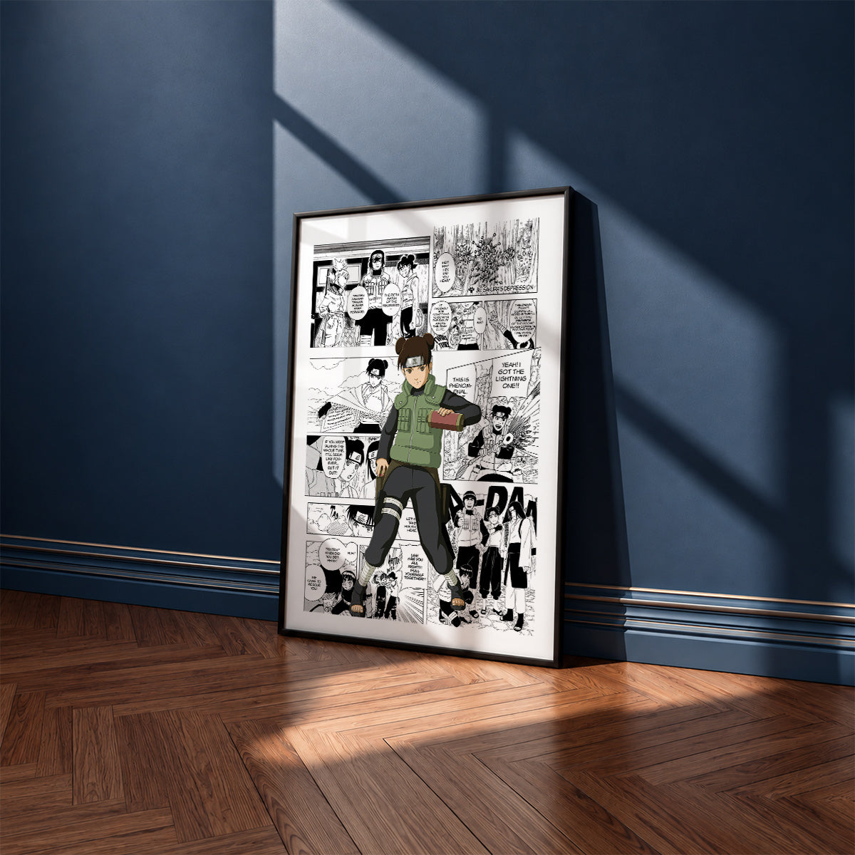Tenten manga poster inspired by Naruto in a black frame against a navy blue wall