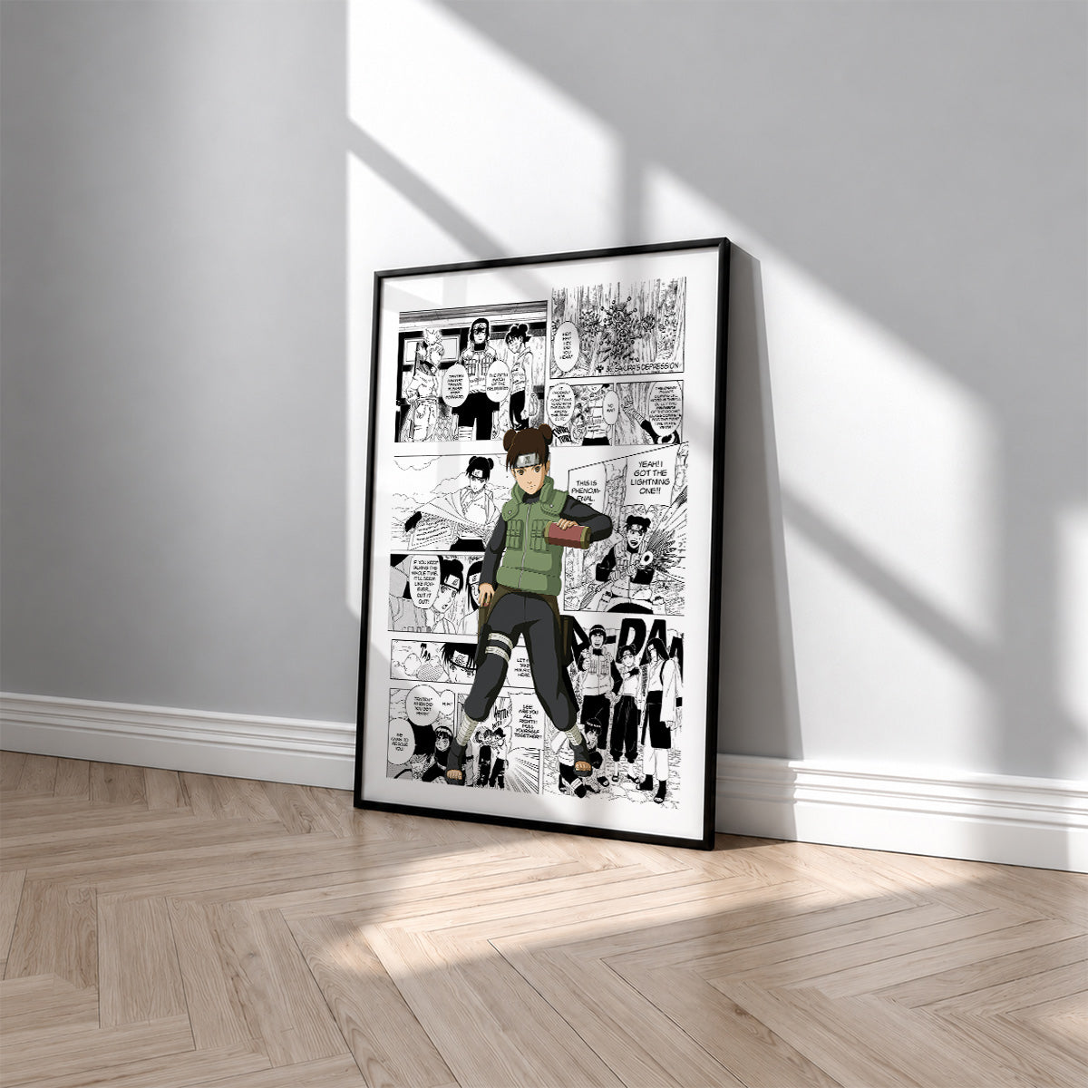 Tenten manga poster inspired by Naruto in a black frame against a light gray wall