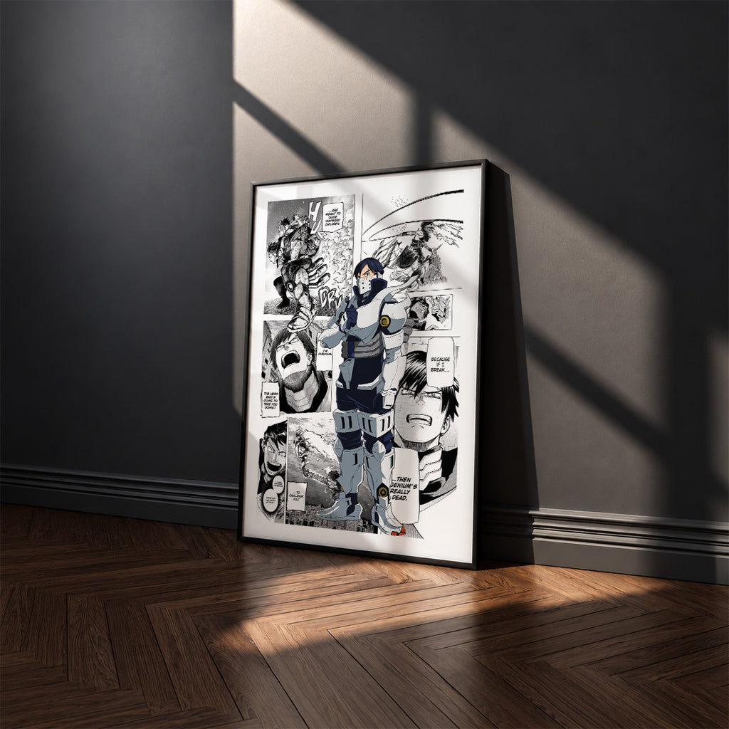 Tenya Iida manga poster inspired by My Hero Academia in a black frame against a charcoal gray wall