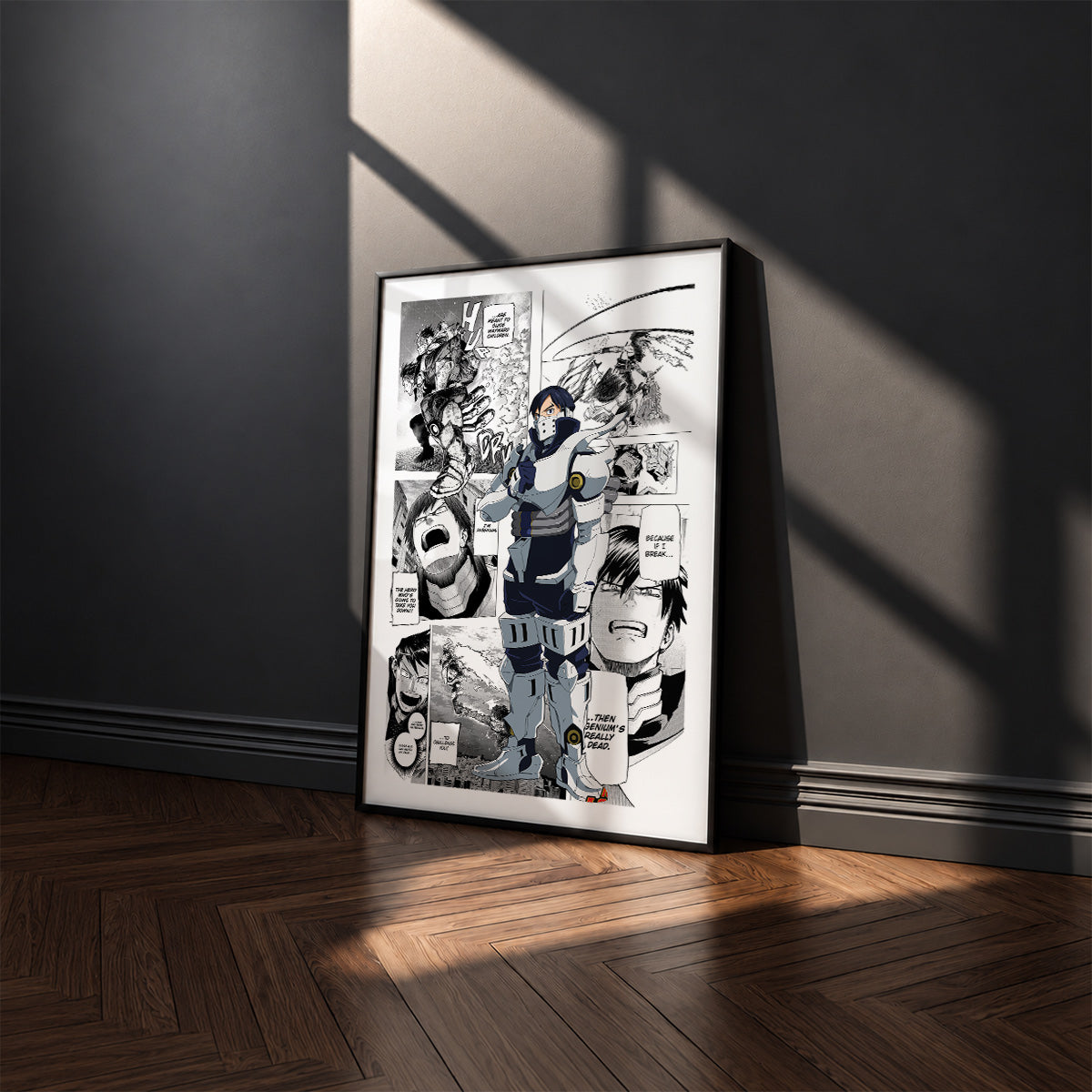 Tenya Iida manga poster inspired by My Hero Academia in a black frame against a charcoal gray wall