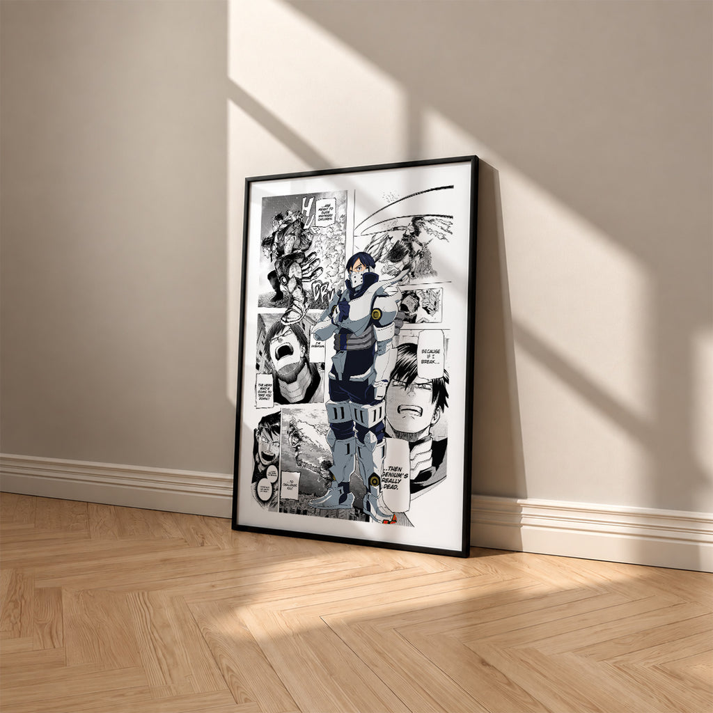 Tenya Iida manga poster inspired by My Hero Academia in a black frame against a warm beige wall