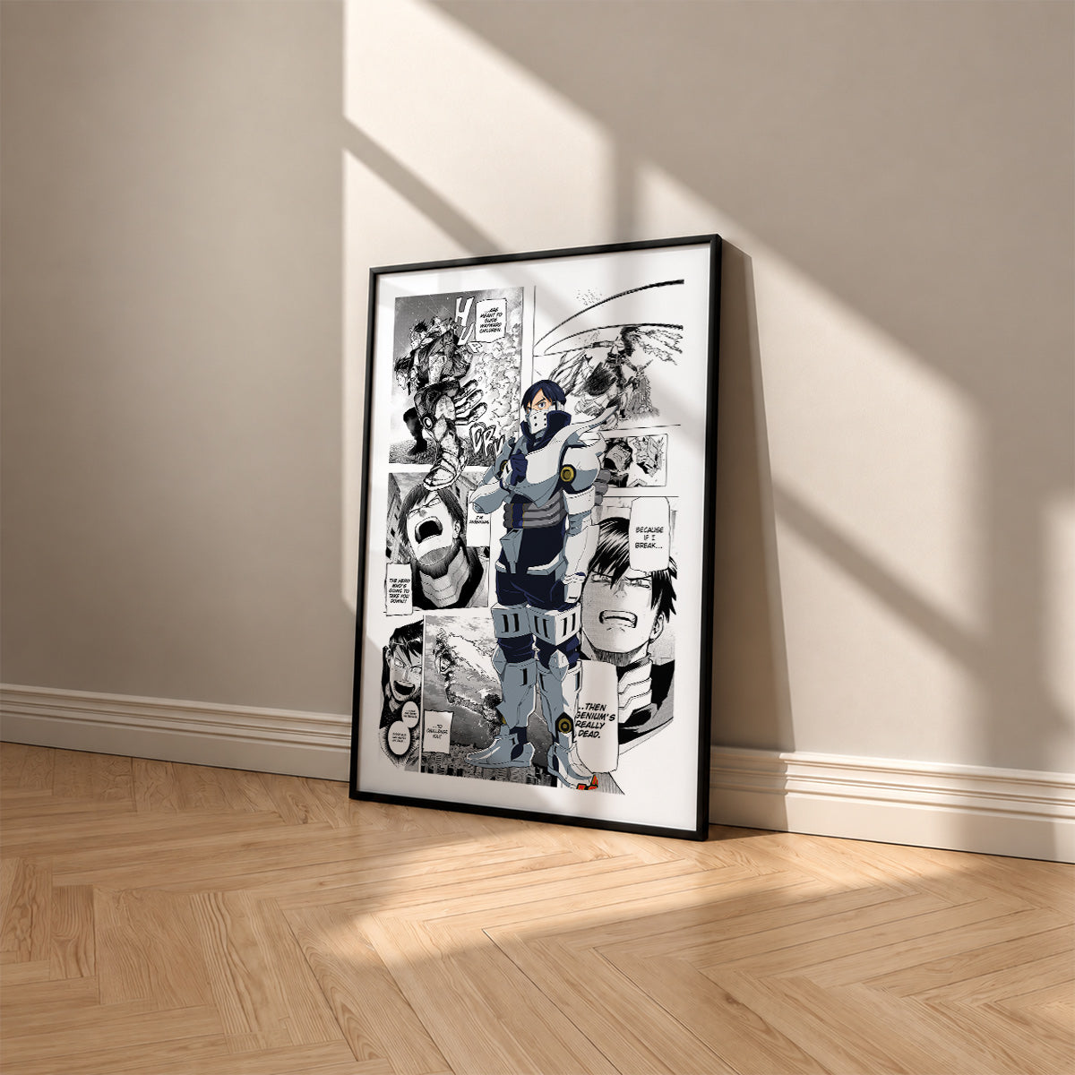 Tenya Iida manga poster inspired by My Hero Academia in a black frame against a warm beige wall