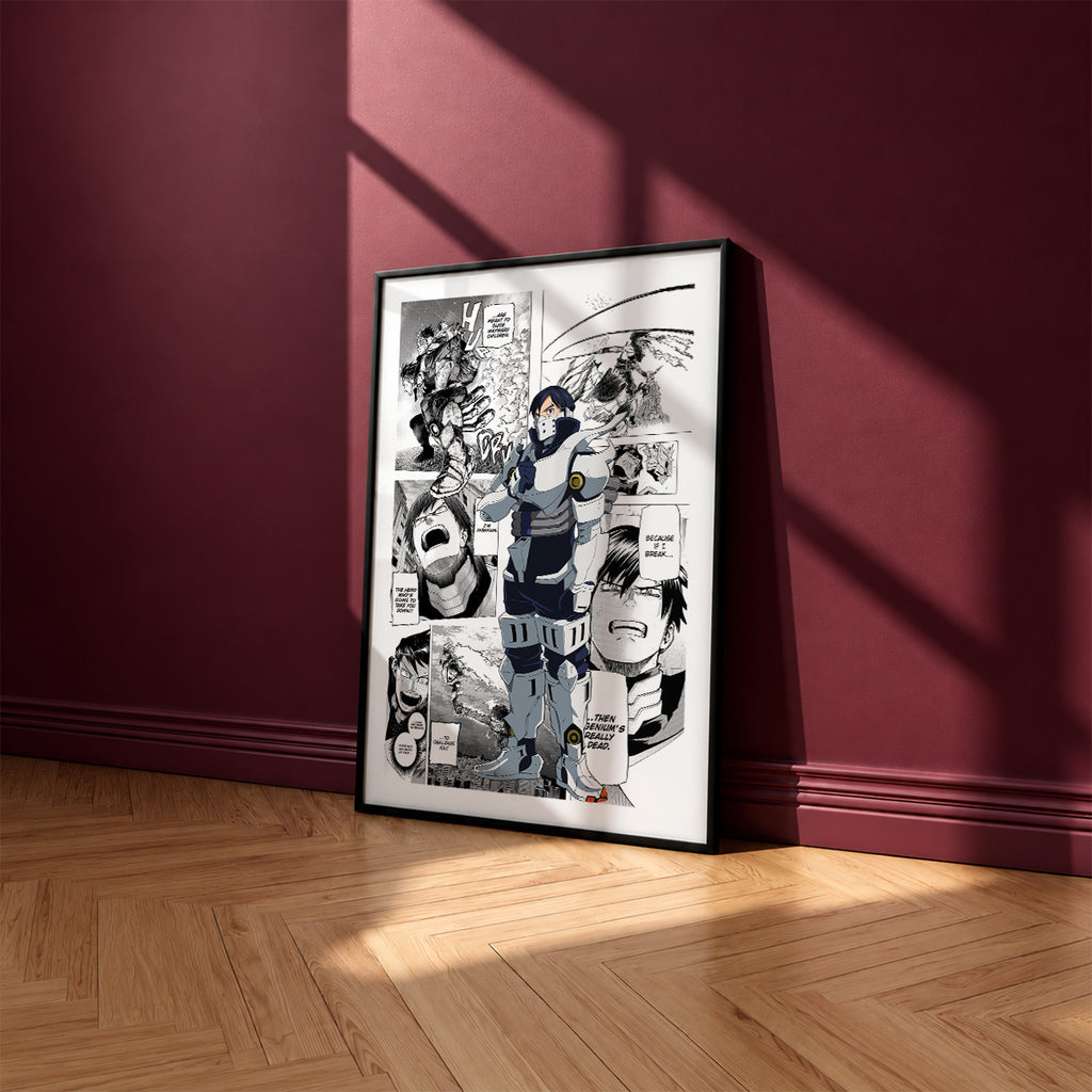 Tenya Iida manga poster inspired by My Hero Academia in a black frame against a burgundy wall