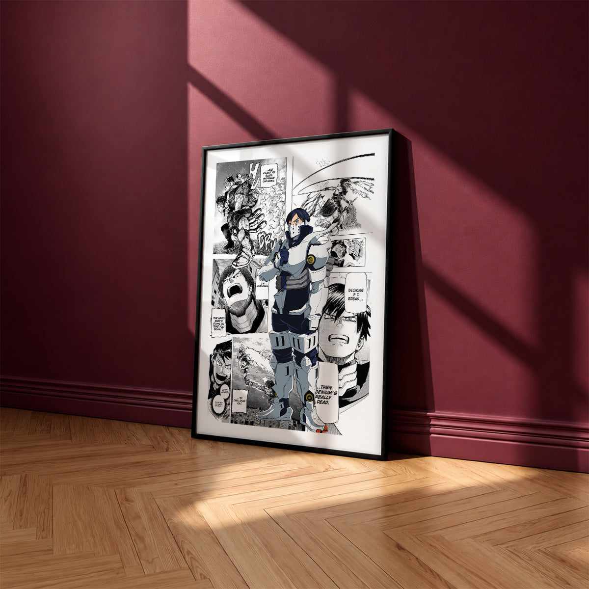 Tenya Iida manga poster inspired by My Hero Academia in a black frame against a burgundy wall