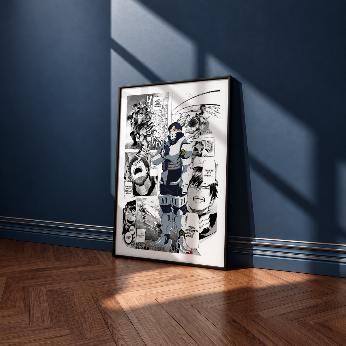 Tenya Iida manga poster inspired by My Hero Academia in a black frame against a navy blue wall