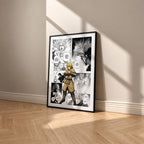 Thorfinn manga poster inspired by Vinland Saga in a black frame against a warm beige wall