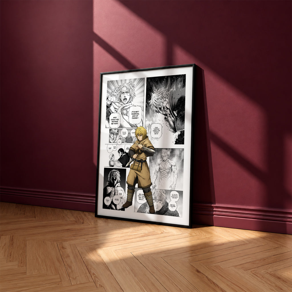 Thorfinn manga poster inspired by Vinland Saga in a black frame against a burgundy wall