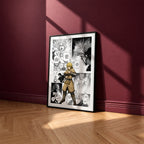 Thorfinn manga poster inspired by Vinland Saga in a black frame against a burgundy wall