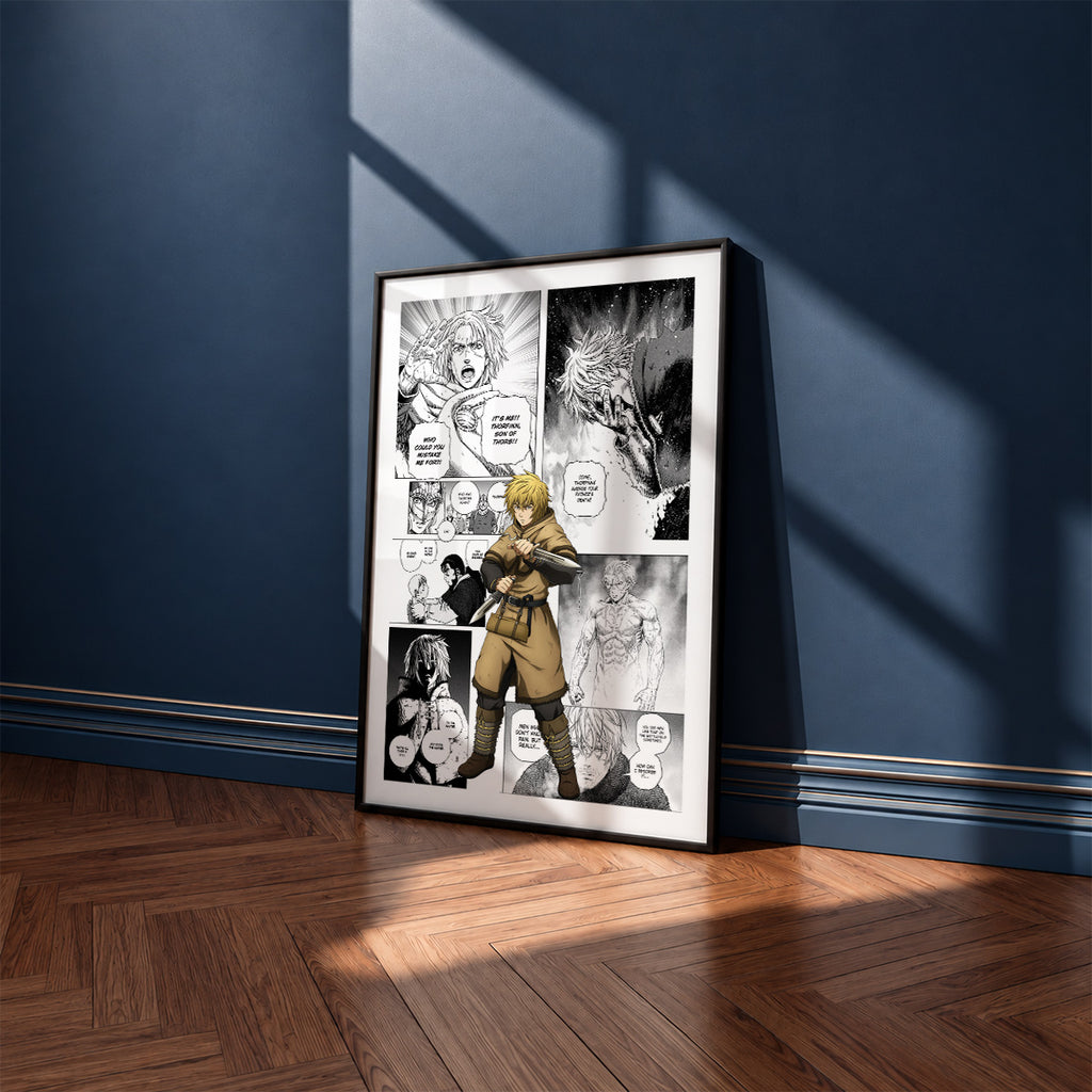 Thorfinn manga poster inspired by Vinland Saga in a black frame against a navy blue wall