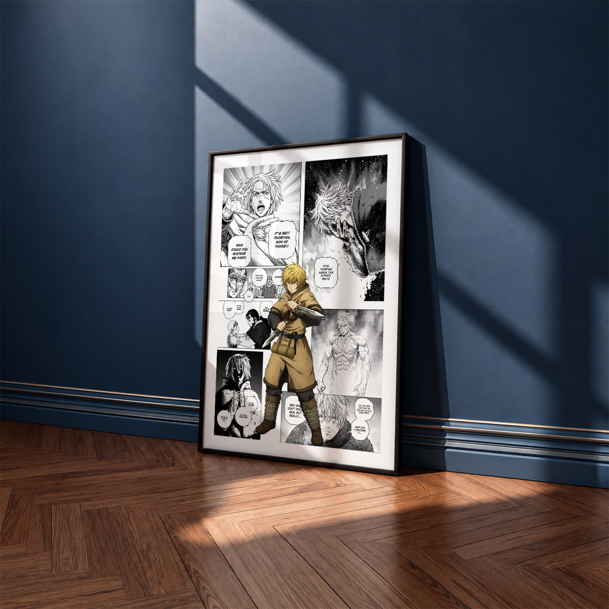 Thorfinn manga poster inspired by Vinland Saga in a black frame against a navy blue wall