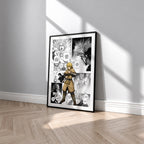 Thorfinn manga poster inspired by Vinland Saga in a black frame against a light gray wall