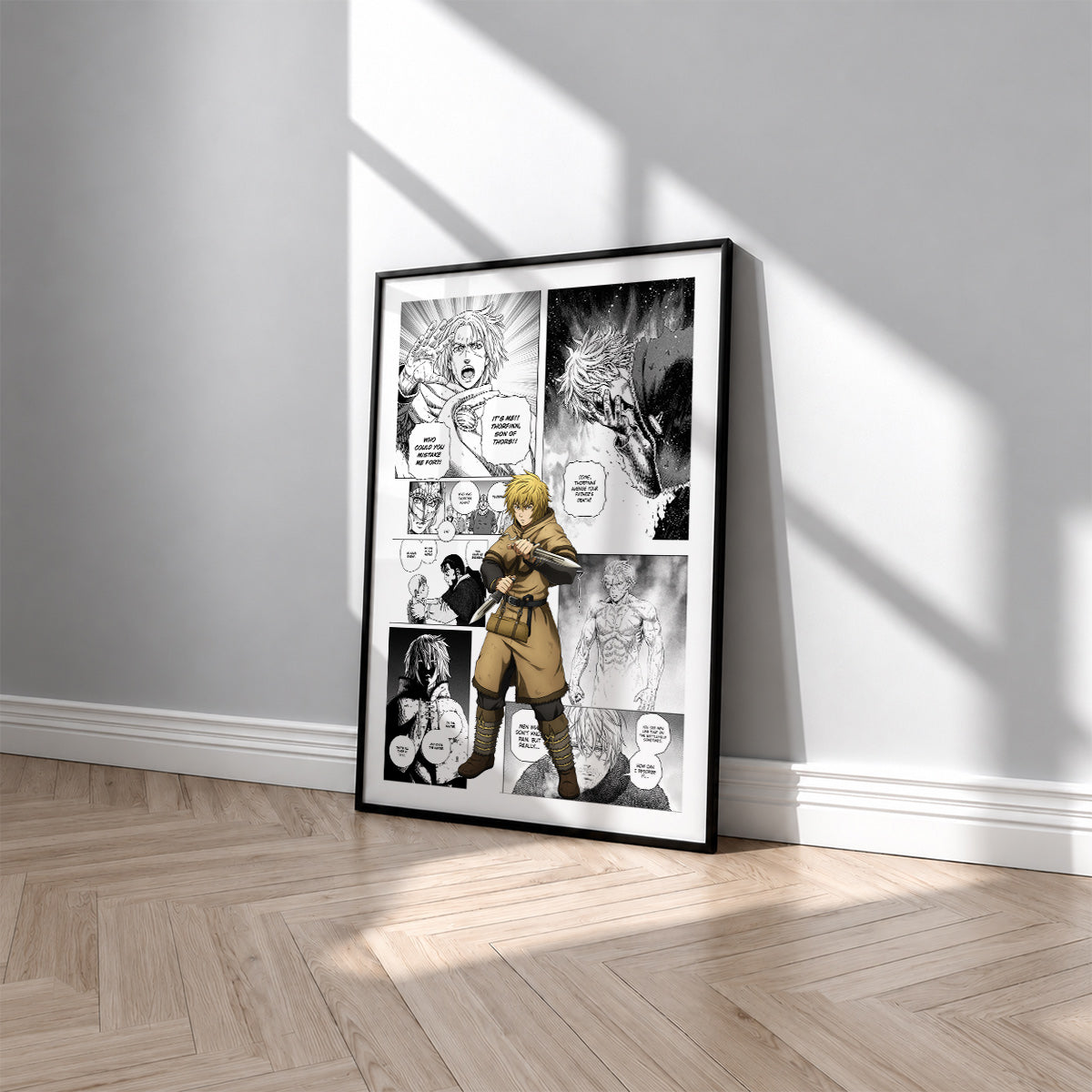 Thorfinn manga poster inspired by Vinland Saga in a black frame against a light gray wall