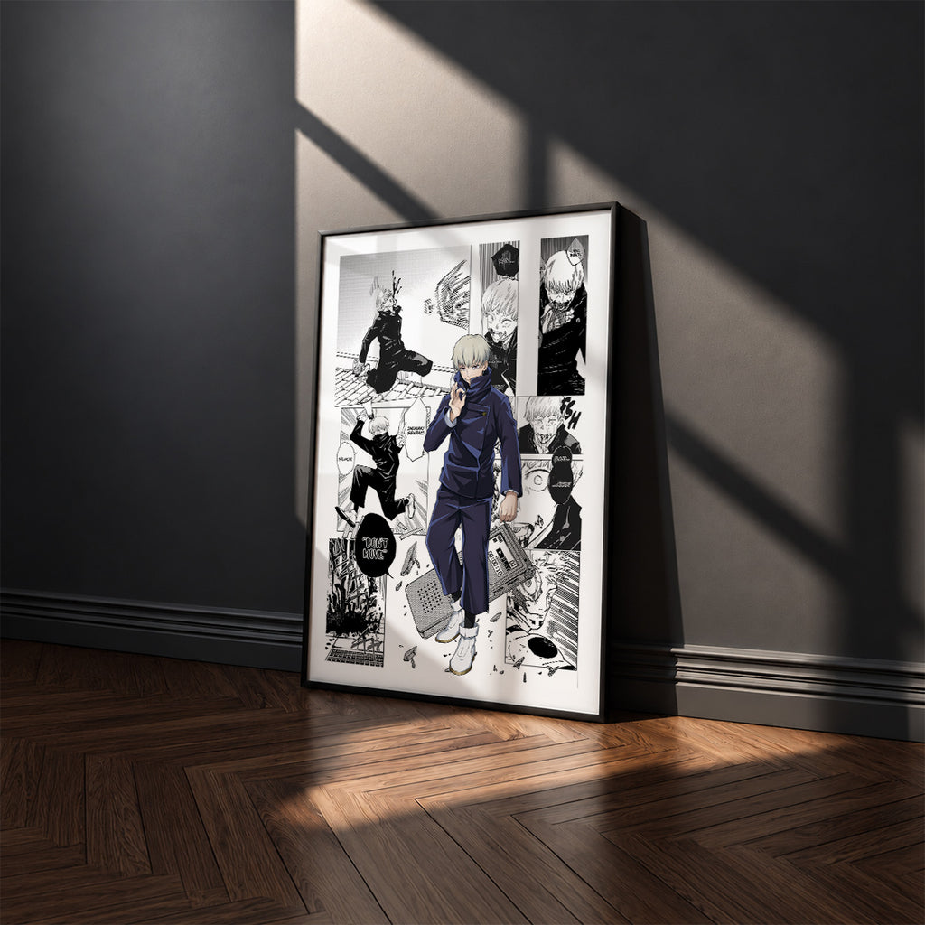 Toge Inumaki manga poster inspired by Jujutsu Kaisen in a black frame against a charcoal gray wall