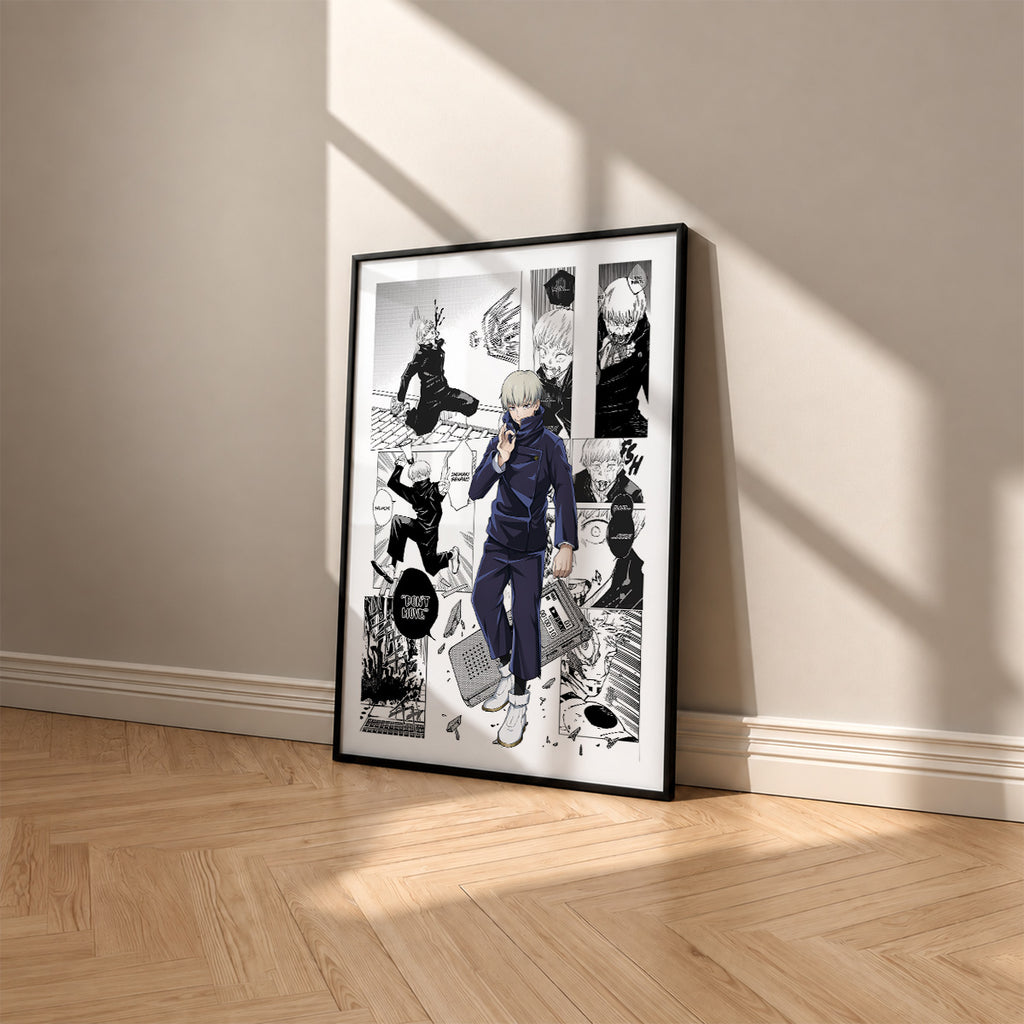 Toge Inumaki manga poster inspired by Jujutsu Kaisen in a black frame against a warm beige wall