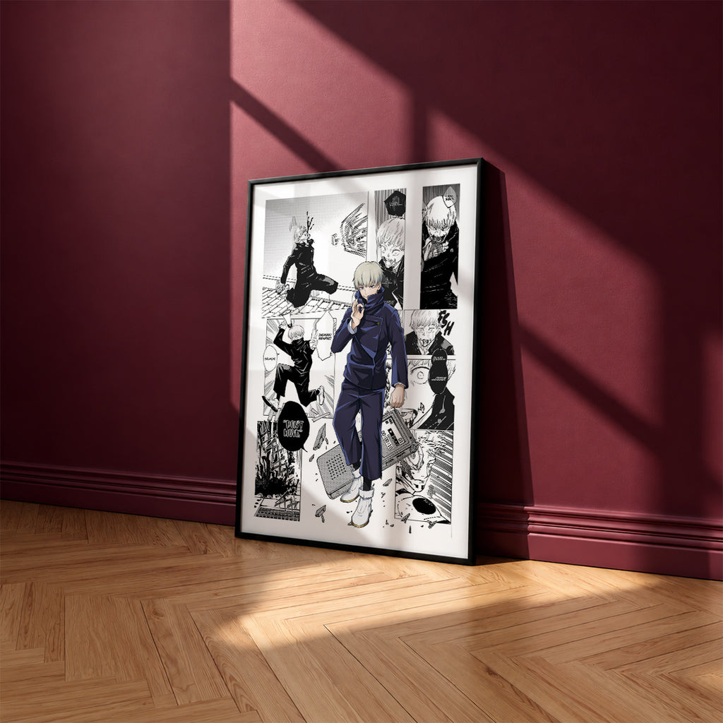 Toge Inumaki manga poster inspired by Jujutsu Kaisen in a black frame against a burgundy wall