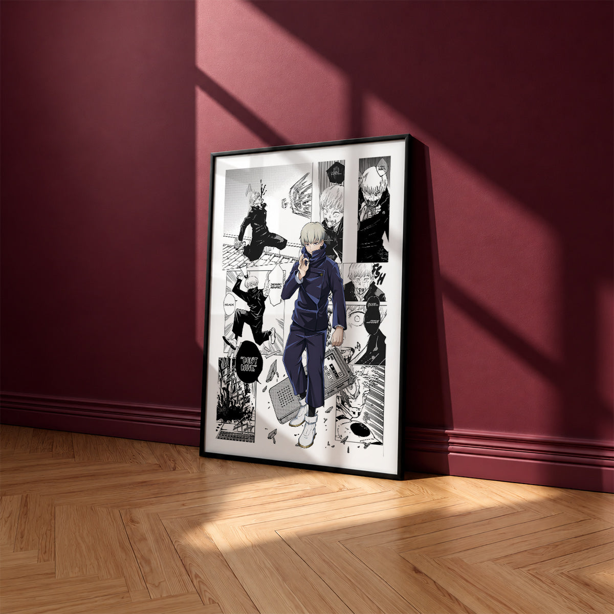 Toge Inumaki manga poster inspired by Jujutsu Kaisen in a black frame against a burgundy wall