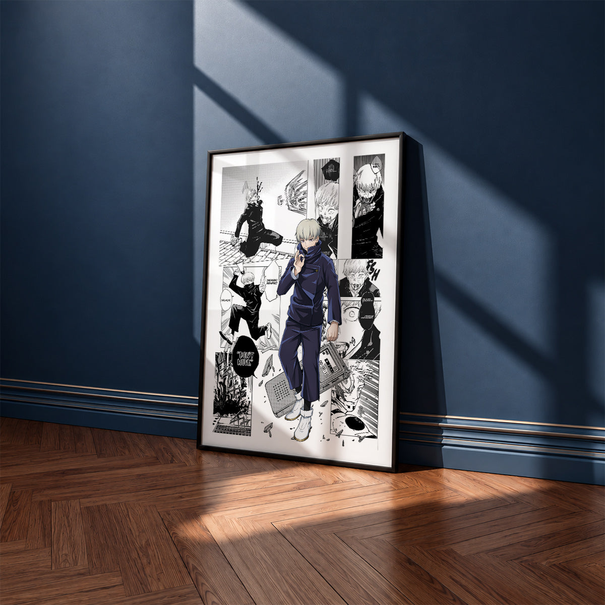 Toge Inumaki manga poster inspired by Jujutsu Kaisen in a black frame against a navy blue wall