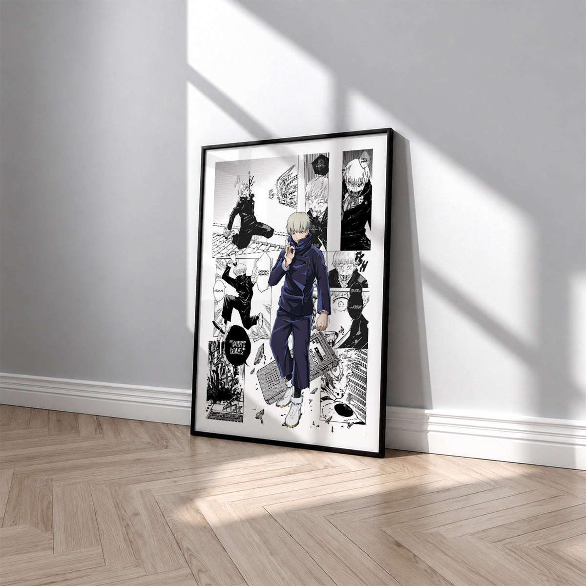 Toge Inumaki manga poster inspired by Jujutsu Kaisen in a black frame against a light gray wall