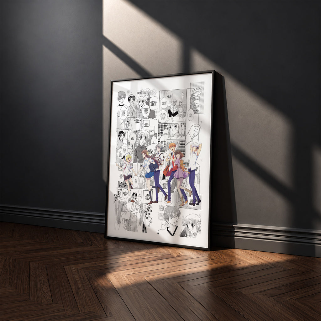 Tohru Honda and the Sohma Family manga poster inspired by Fruits Basket in a black frame against a charcoal gray wall