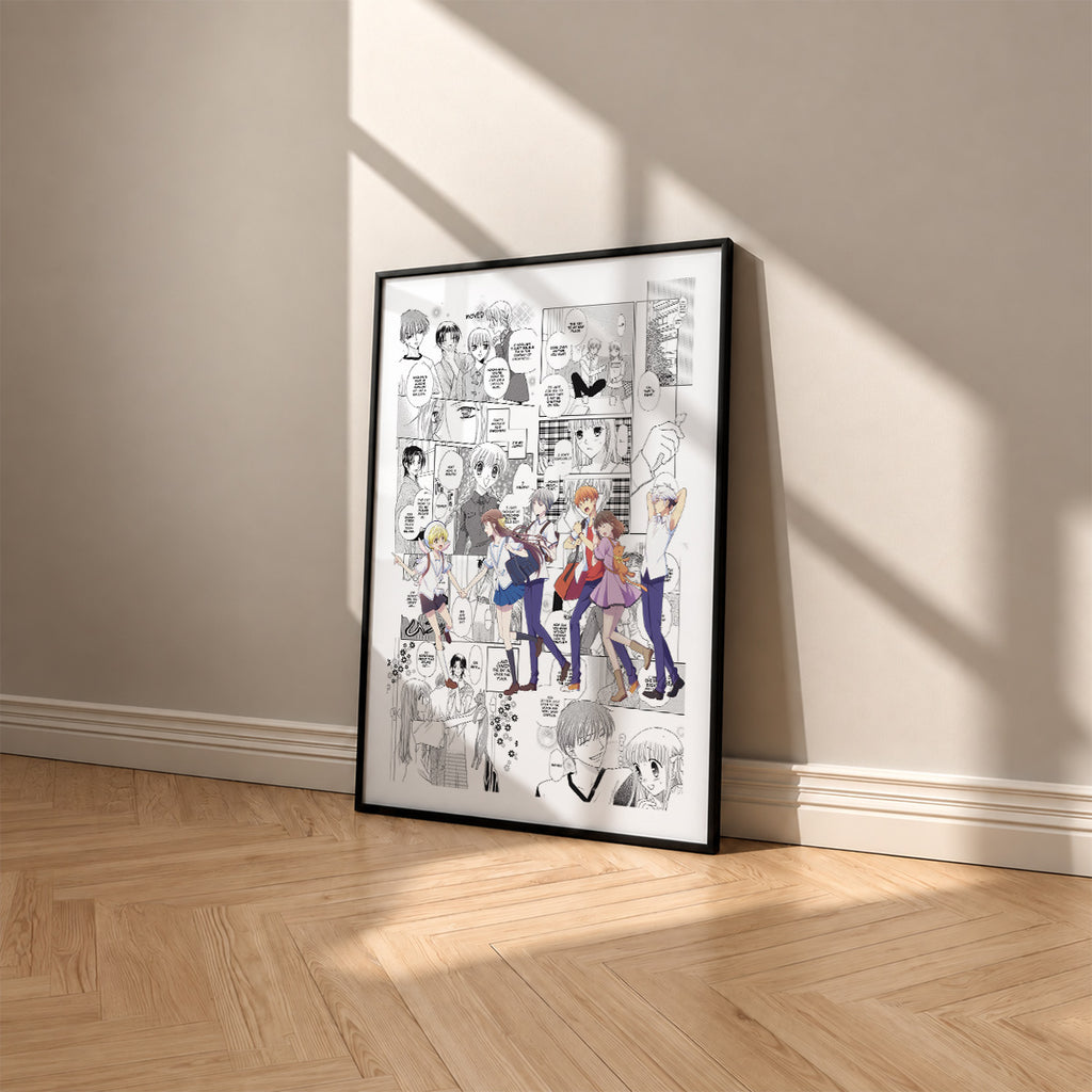 Tohru Honda and the Sohma Family manga poster inspired by Fruits Basket in a black frame against a warm beige wall