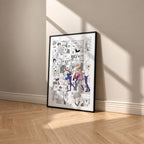 Tohru Honda and the Sohma Family manga poster inspired by Fruits Basket in a black frame against a warm beige wall