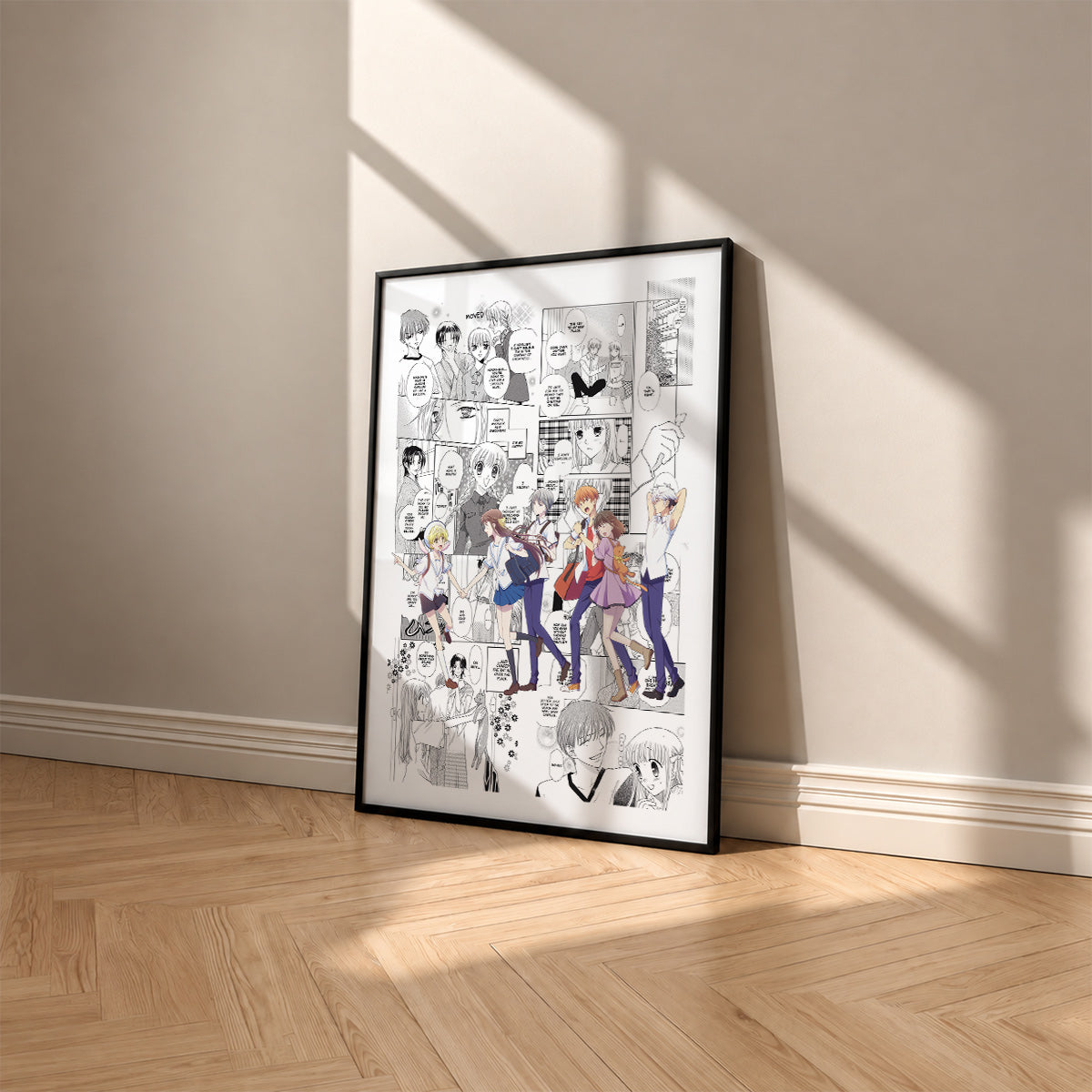 Tohru Honda and the Sohma Family manga poster inspired by Fruits Basket in a black frame against a warm beige wall