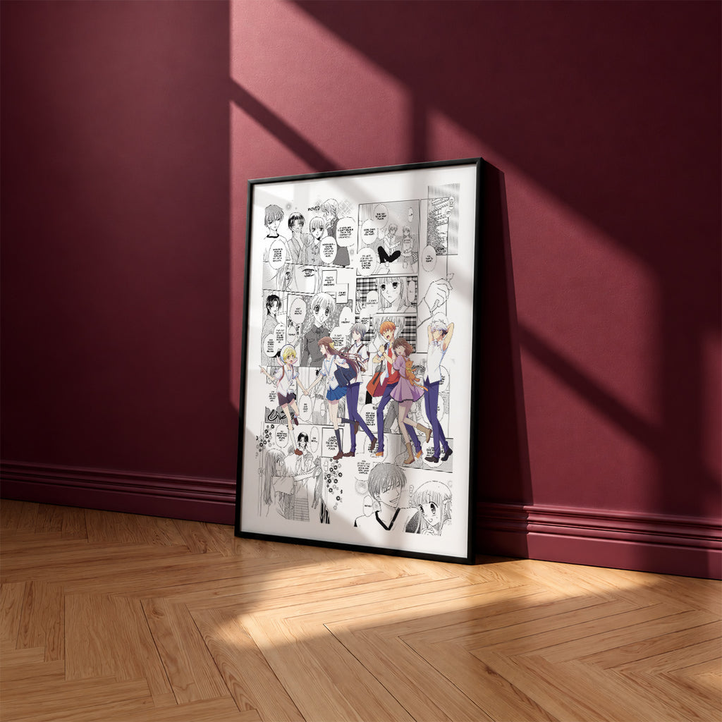 Tohru Honda and the Sohma Family manga poster inspired by Fruits Basket in a black frame against a burgundy wall