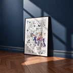 Tohru Honda and the Sohma Family manga poster inspired by Fruits Basket in a black frame against a navy blue wall