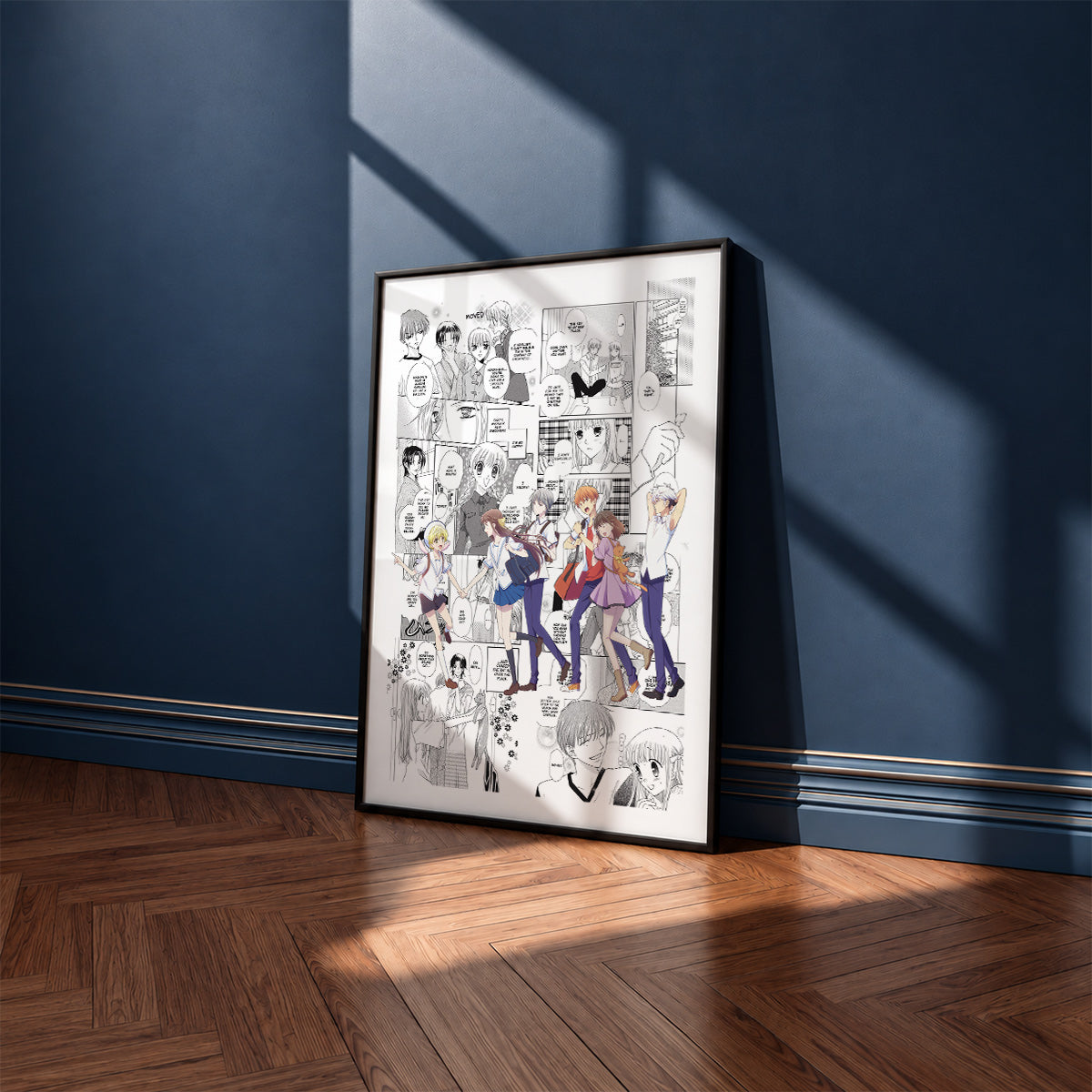 Tohru Honda and the Sohma Family manga poster inspired by Fruits Basket in a black frame against a navy blue wall
