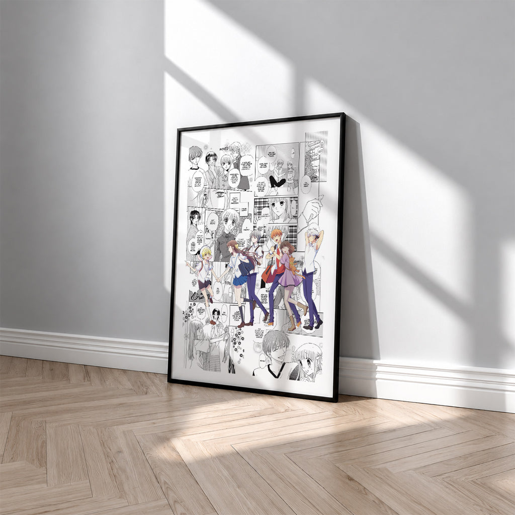 Tohru Honda and the Sohma Family manga poster inspired by Fruits Basket in a black frame against a light gray wall