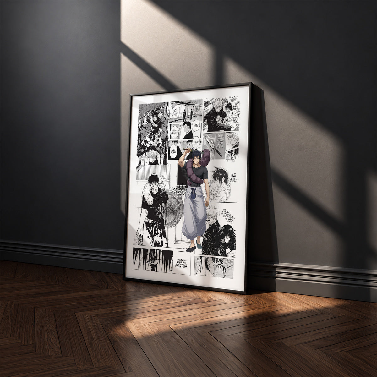 Toji Fushiguro manga poster inspired by Jujutsu Kaisen in a black frame against a charcoal gray wall