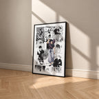 Toji Fushiguro manga poster inspired by Jujutsu Kaisen in a black frame against a warm beige wall