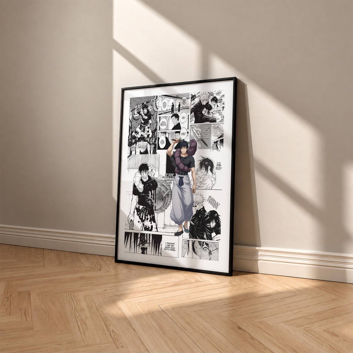 Toji Fushiguro manga poster inspired by Jujutsu Kaisen in a black frame against a warm beige wall
